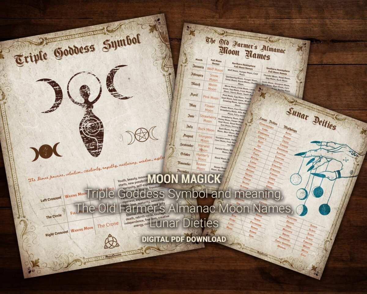 Printable grimoire pages for the Triple goddess symbol and the meaning in witchcraft, old farmers almanac moon names, and lunar deities.