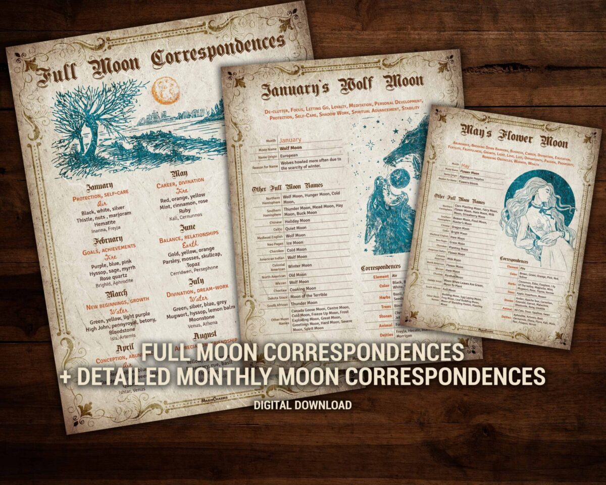 Full moon correspondences and associations plus detailed monthly moon correspondences digital download pages for your book of shadows.