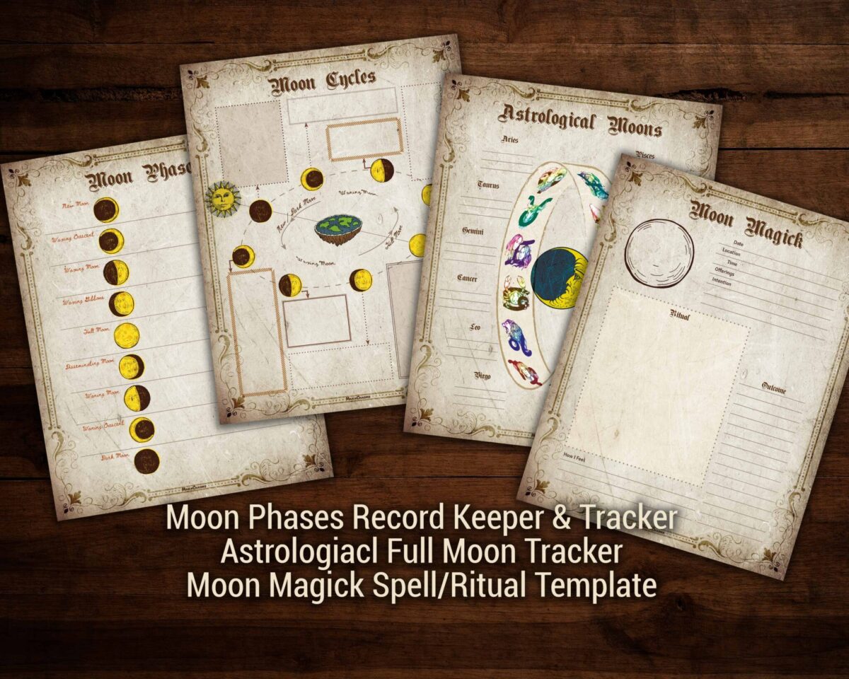 Moon magick digital pack includes blank moon phases record keeper and tracker for you to refrence your magick, blank astrological full moon tracker for you to track the moons, moon magick spell and ritual templates for you to journal your spells and rituals.