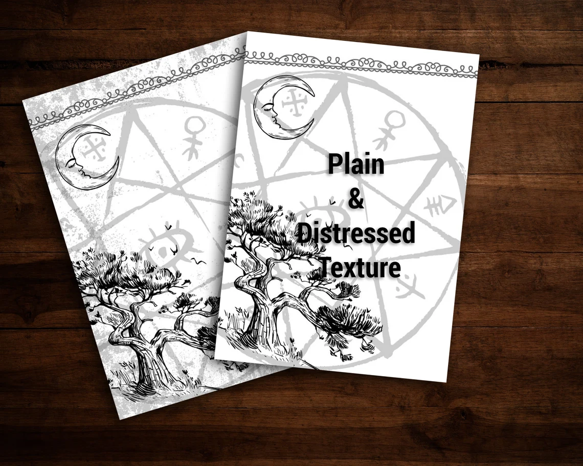 Magick symbols with and without distressed background. Coloring journal pages