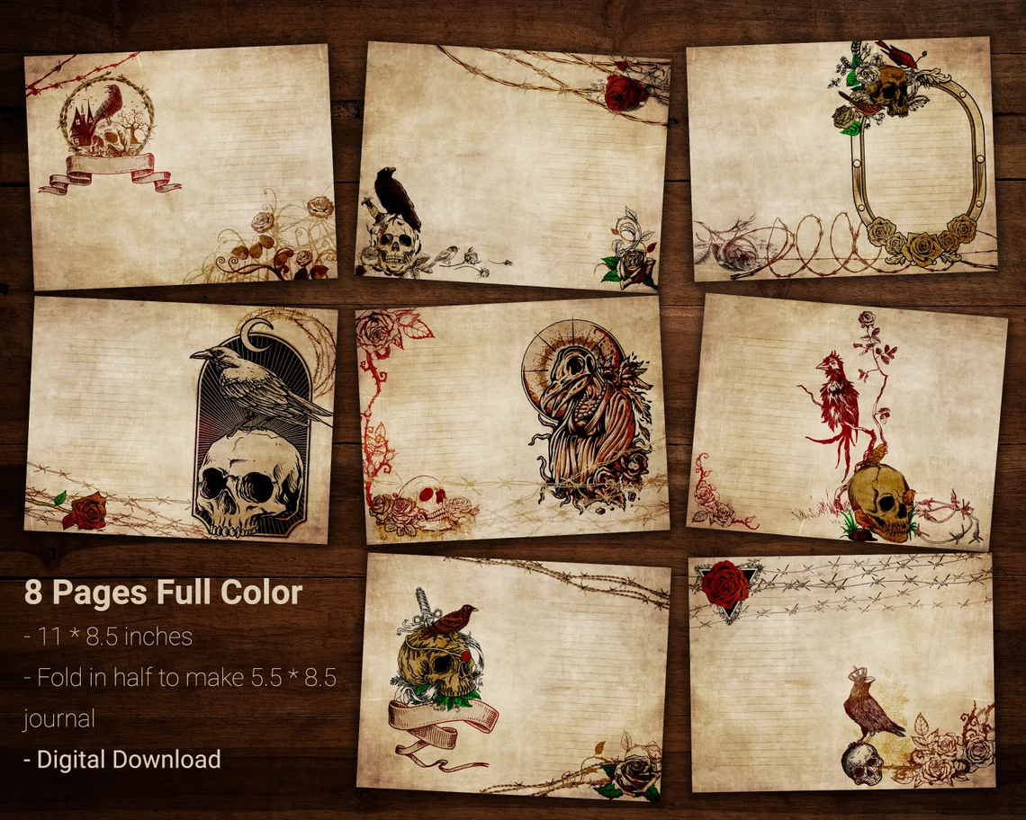 Download includes 8 high-resolution macabre digital paper on an aged background.