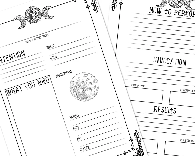 Digital black and white witchcraft spell and ritual template download
