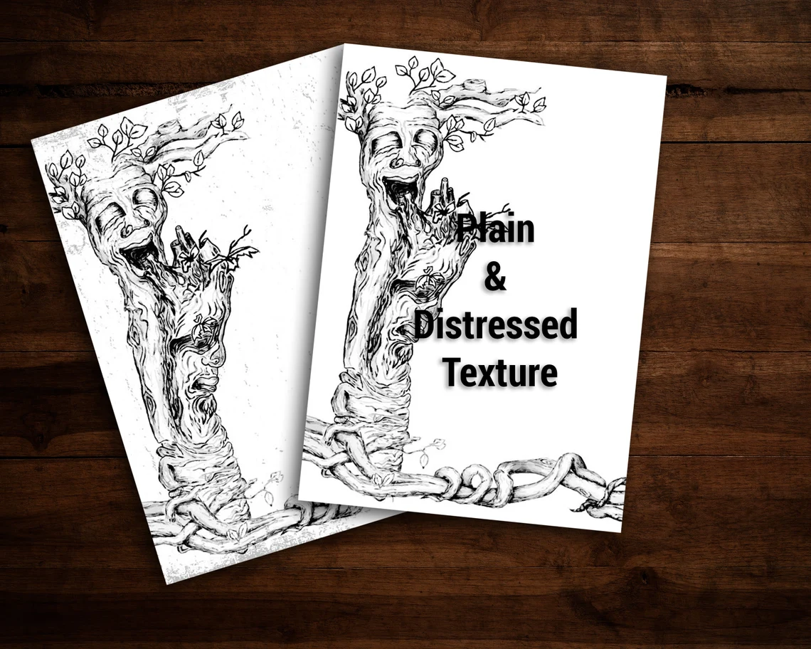 Hand drawn laughing and crying tree journal paper with distressed background