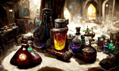 Spells, magick, and divination. Attributes of occultism, witchcraft, and magic. Alchemy, production of magical potions and elixirs. wizard. Fantasy fairy